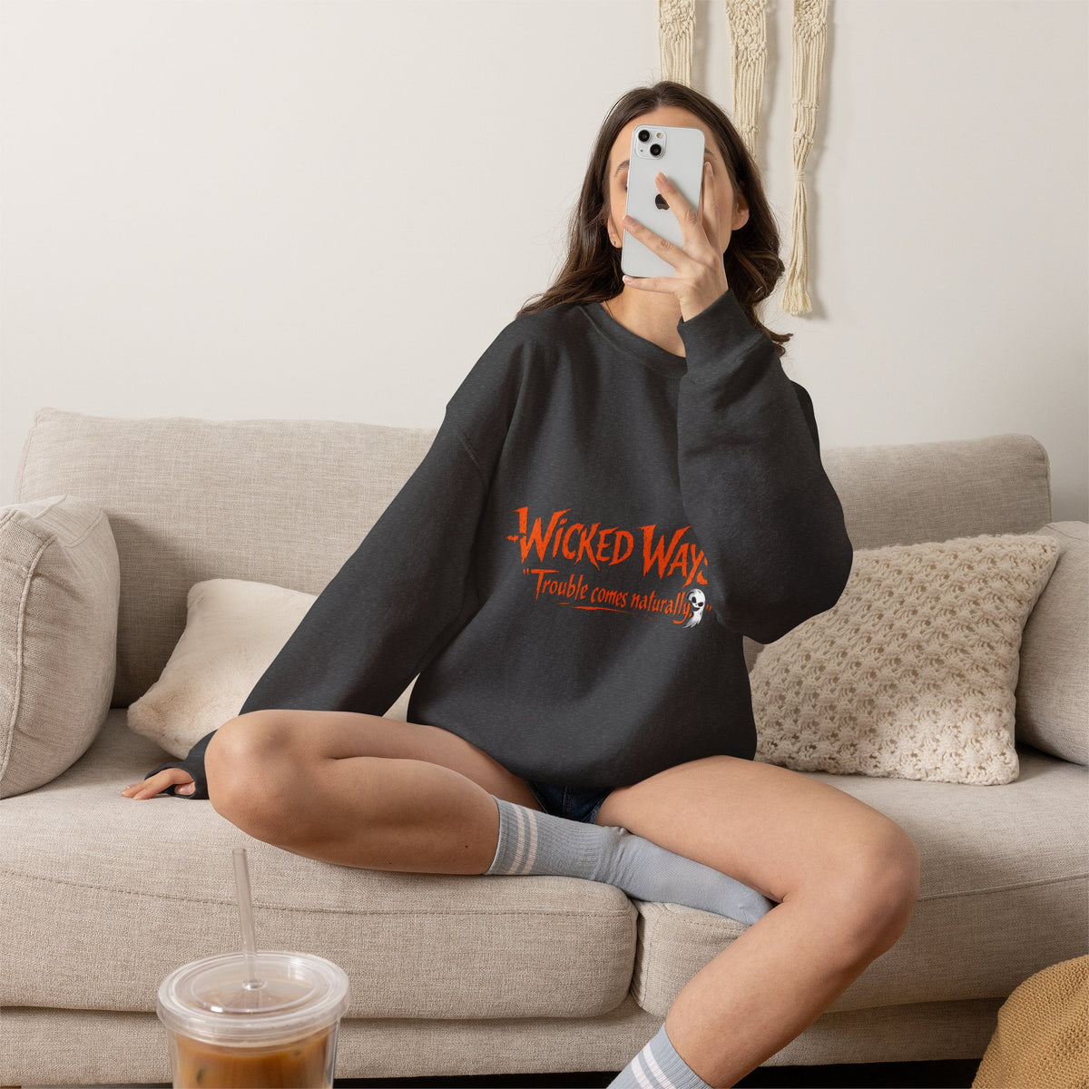 Wicked Ways Crewneck Sweatshirt — "Trouble Comes Natural" Graphic