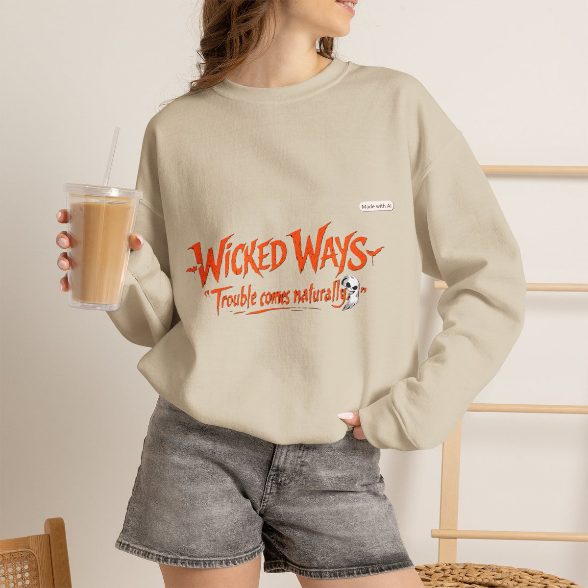 Wicked Ways Crewneck Sweatshirt — "Trouble Comes Natural" Graphic