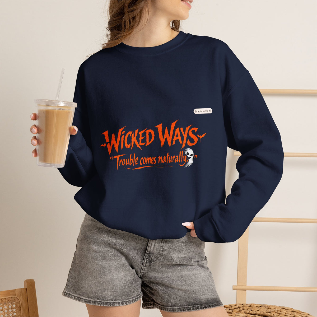 Wicked Ways Crewneck Sweatshirt — "Trouble Comes Natural" Graphic