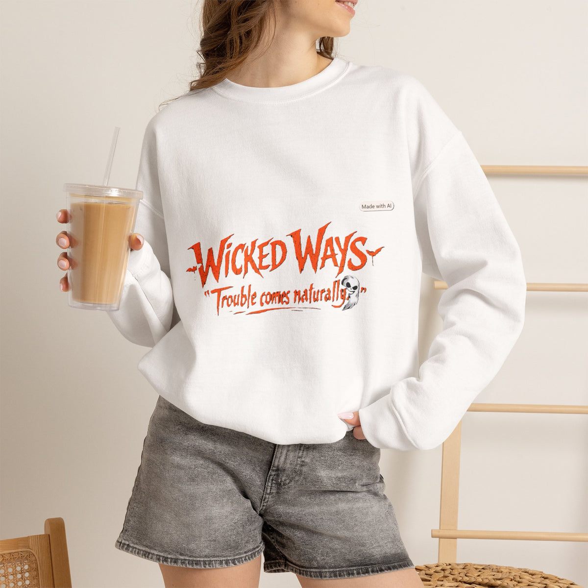 Wicked Ways Crewneck Sweatshirt — "Trouble Comes Natural" Graphic