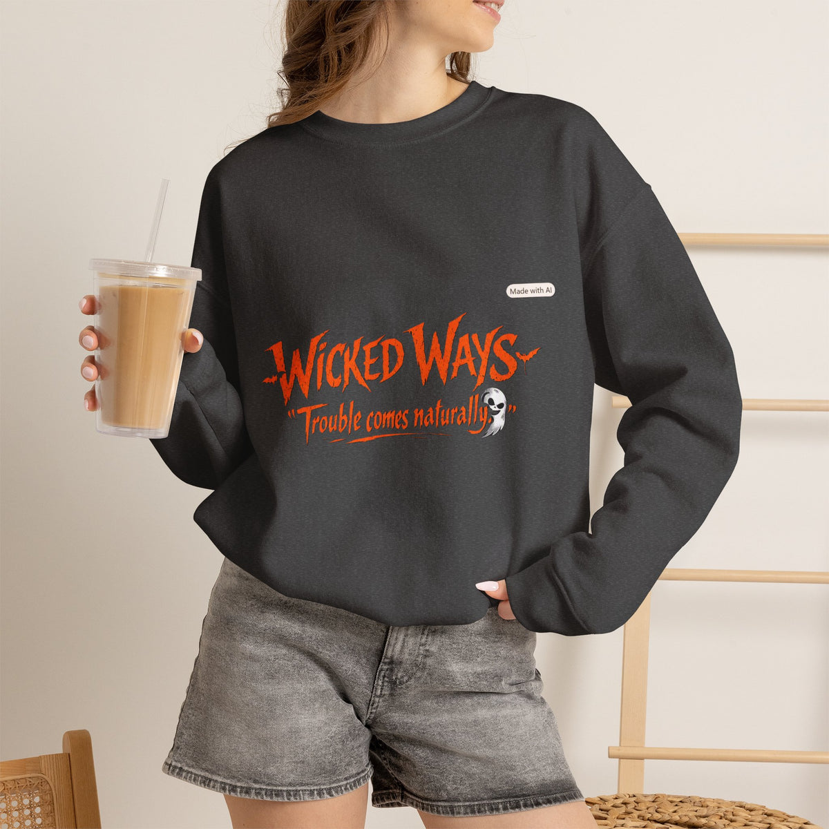 Wicked Ways Crewneck Sweatshirt — "Trouble Comes Natural" Graphic